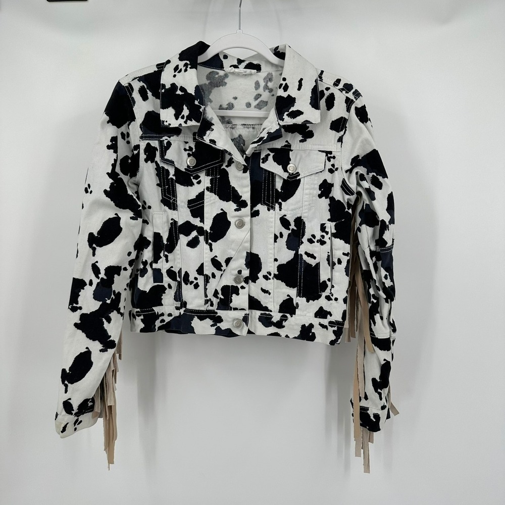 Women Western Cowprint Jacket Size S Fringe Rodeo Statement Cropped Bold Cowgirl - Picture 1 of 8